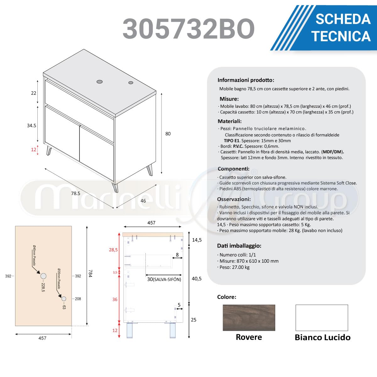 MarinelliGroup Mobile bagno 80 cm a terra con lavabo da appoggio bacinella ceramica 2 cassetti BIANCO LUCIDO + OLMO 305732BO
