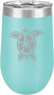 16 oz Double Wall Vacuum Insulated Stainless Steel Stemless Wine Tumbler Glass Coffee Travel Mug With Lid Hibiscus Turtle (Teal)