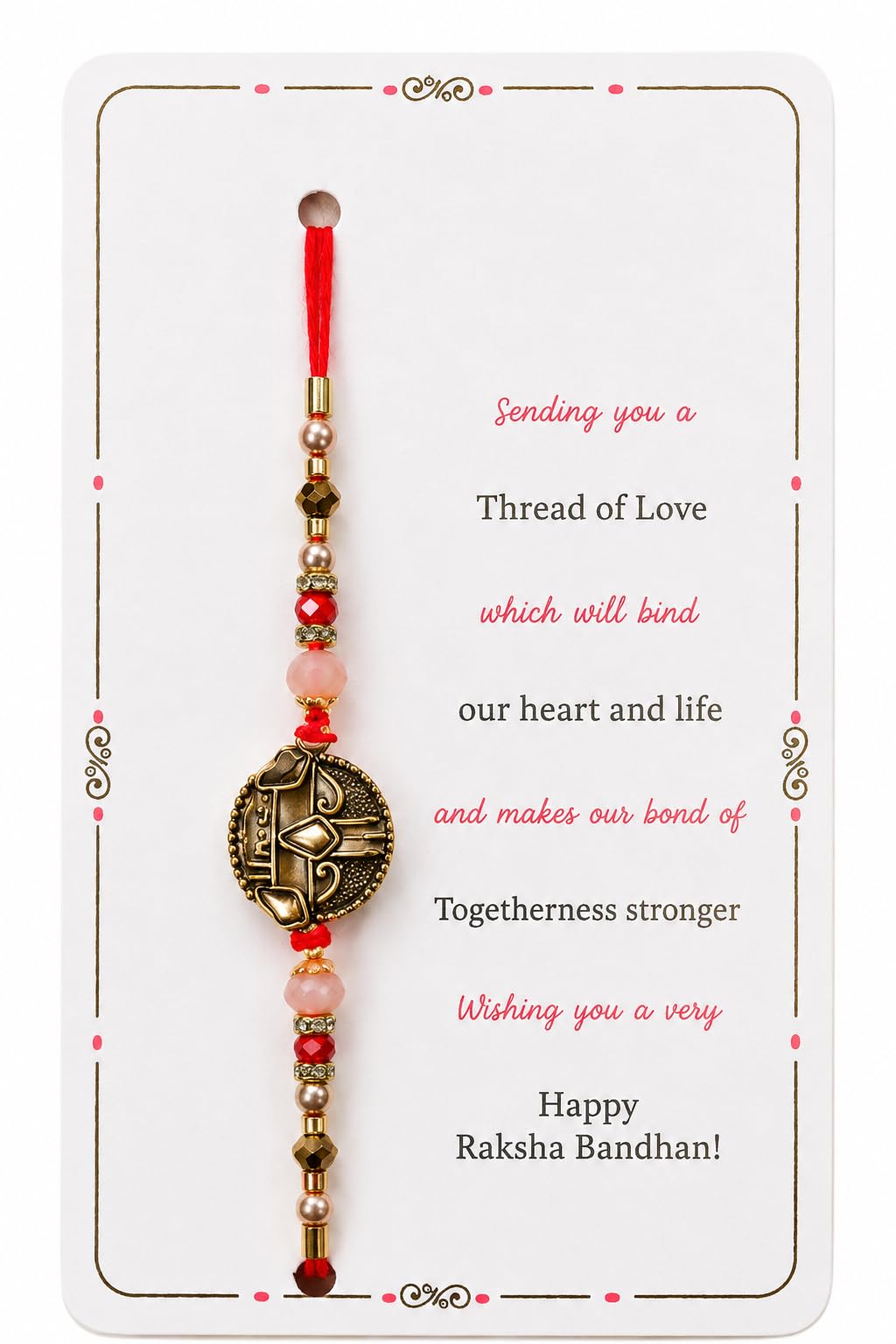 M D Enterprises Rakhi with Antique Gold Ganesh Coin Pendant, Beaded Design, Red Thread, Raksha Bandhan Festive Gift-image-11