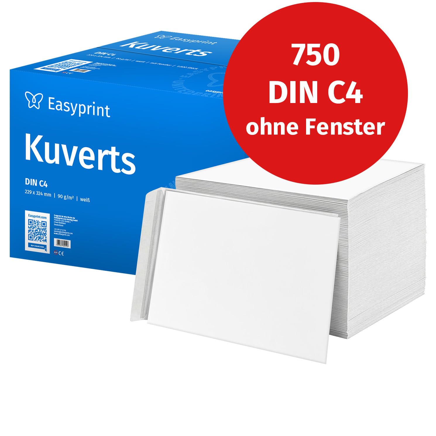 NEU: Easyprint Briefumschläge ohne Fenster, DIN C4, unbedruckt, 750 Stück