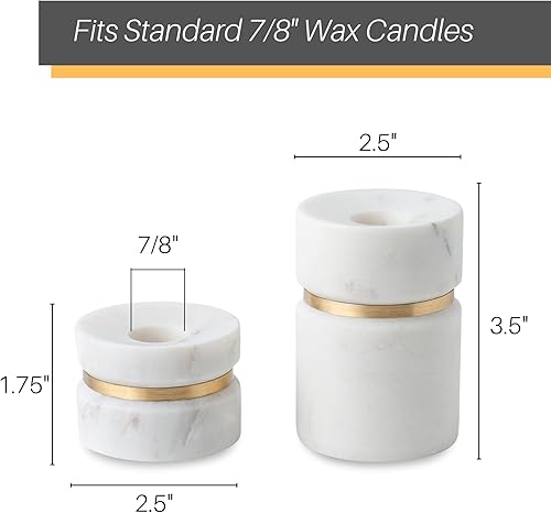 Miniatura 7 de Cork & Mill Portavelas cónicos para candelabros, juego de 2 candelabros hechos a mano de mármol blanco y latón dorado para velas altas cónicas,