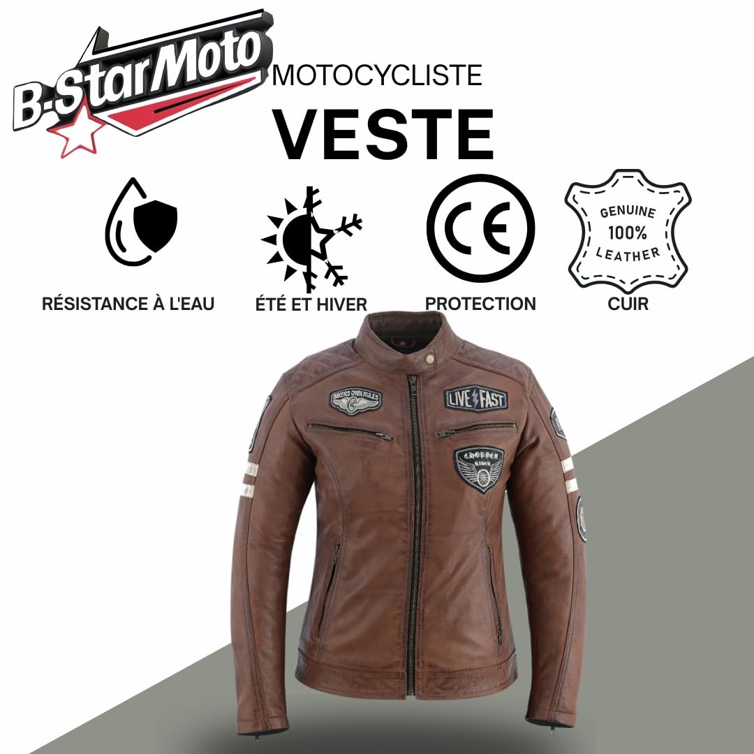 Veste de Moto En Cuir Pour Femme- Blouson Avec Protection Douce Cuir Et Vent Armure Corps été Hiver Tourisme Motard Blinde Marron