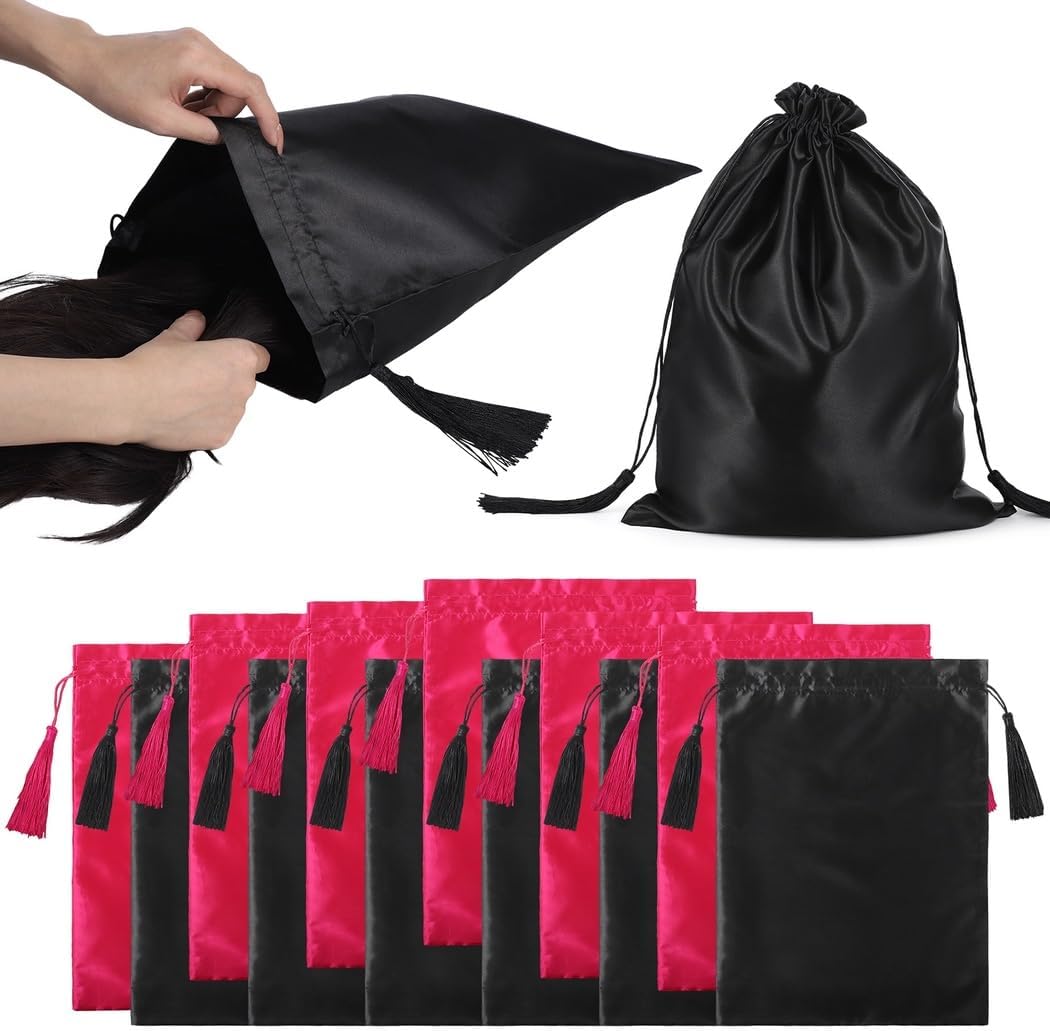 12 Pcs Satin Wig Bags with Drawstring Closure, Satin Silk Hair Bundle Bags for Wigs, Hair Extensions and Hair Tools, Storage Pouches for Travel, Home and Salon