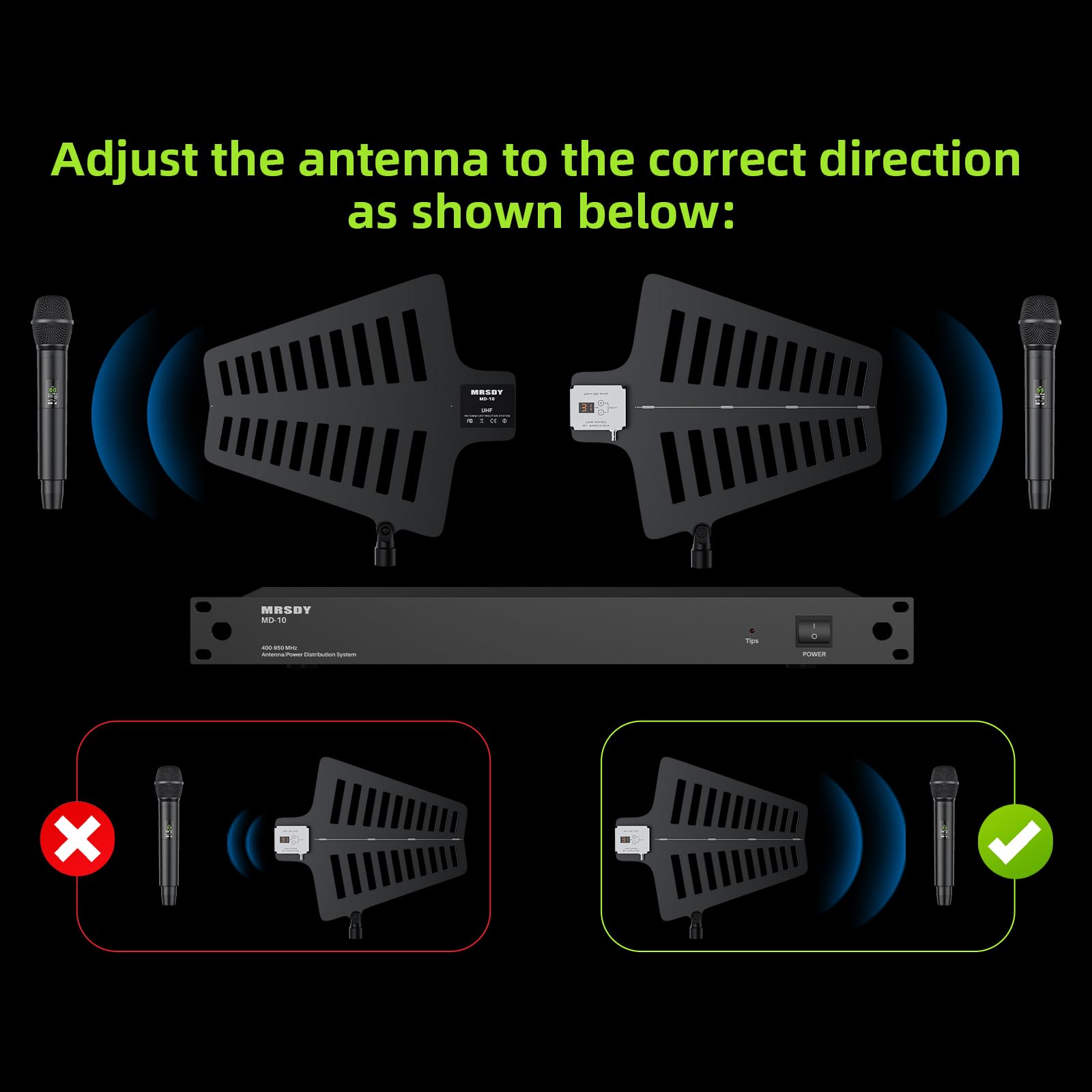 MRSDY MD-10 UHF Wireless Antenna Distribution System, Amplificatore di Segnale Microfono Senza Fili Regolazione del Guadagno Paddle Antenna Attiva, 8 Uscite + 2 Porte Cascata, Coperture Gamma di