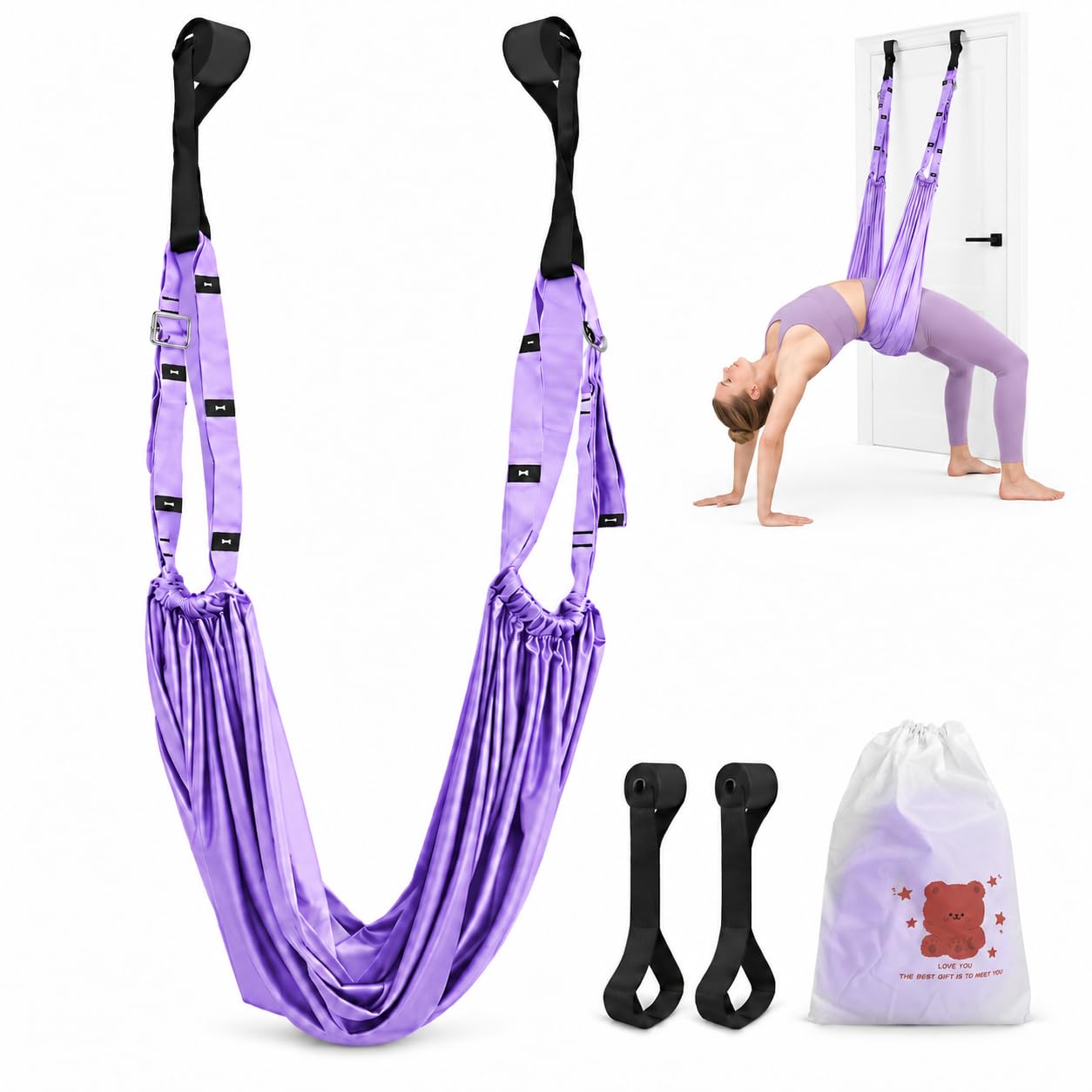 Purple Yoga Stretching Strap, Adjustable Aerial Yoga Swing with 2 Door Anchors, Wide Hammock for Back, Waist and Leg Stretching, Pilates, Ballet, Dance and Gymnastics, Purple