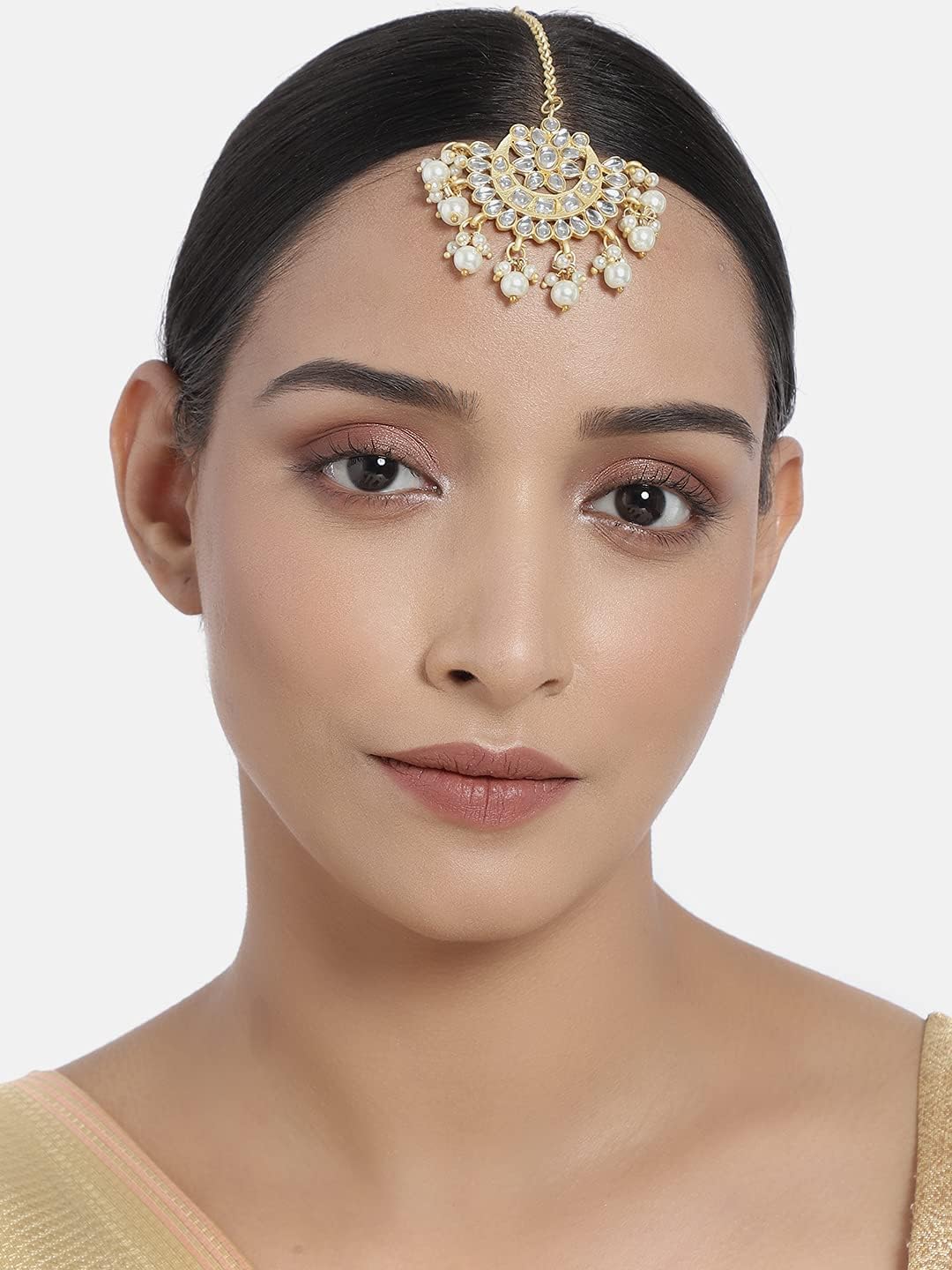 I Jewels Gold Plated Ethnic Matte Finish Traditional Kundan Studded Maang Tikka with Pearls for Women