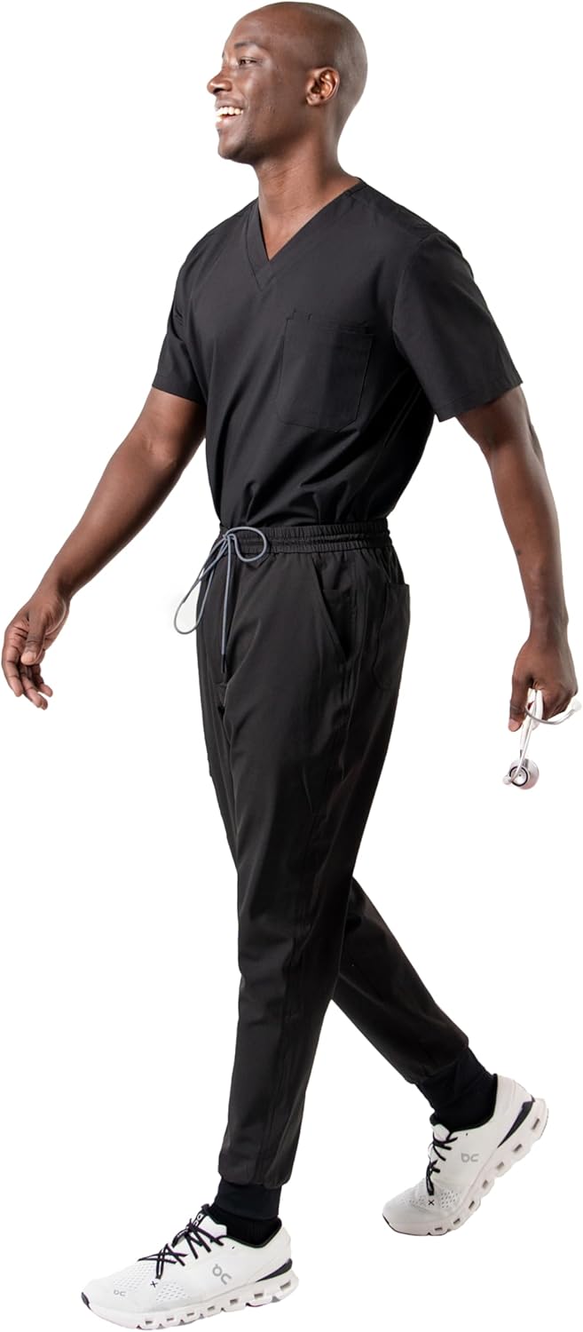 Men's 3-Pocket Top and Zipper Pocket Jogger Pants Scrub Sets - Eco Black