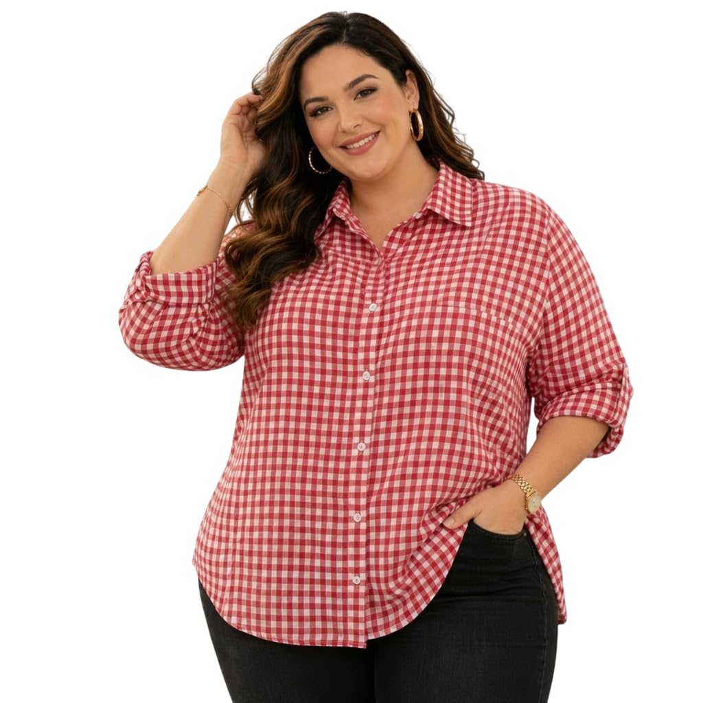 VALECHA Creation Women's Plus Size Casual Cotton Checks Button Down Shirt | Full Sleeve Relaxed Fit Top-picture-32