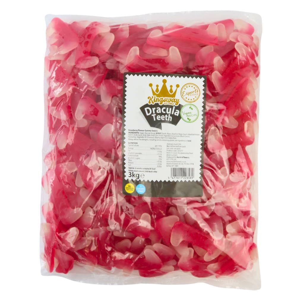 Kingsway Dracula Teeth, Strawberry Flavoured Vegan Gummy Sweets, 3 kg Sharebag (Pack of 1)