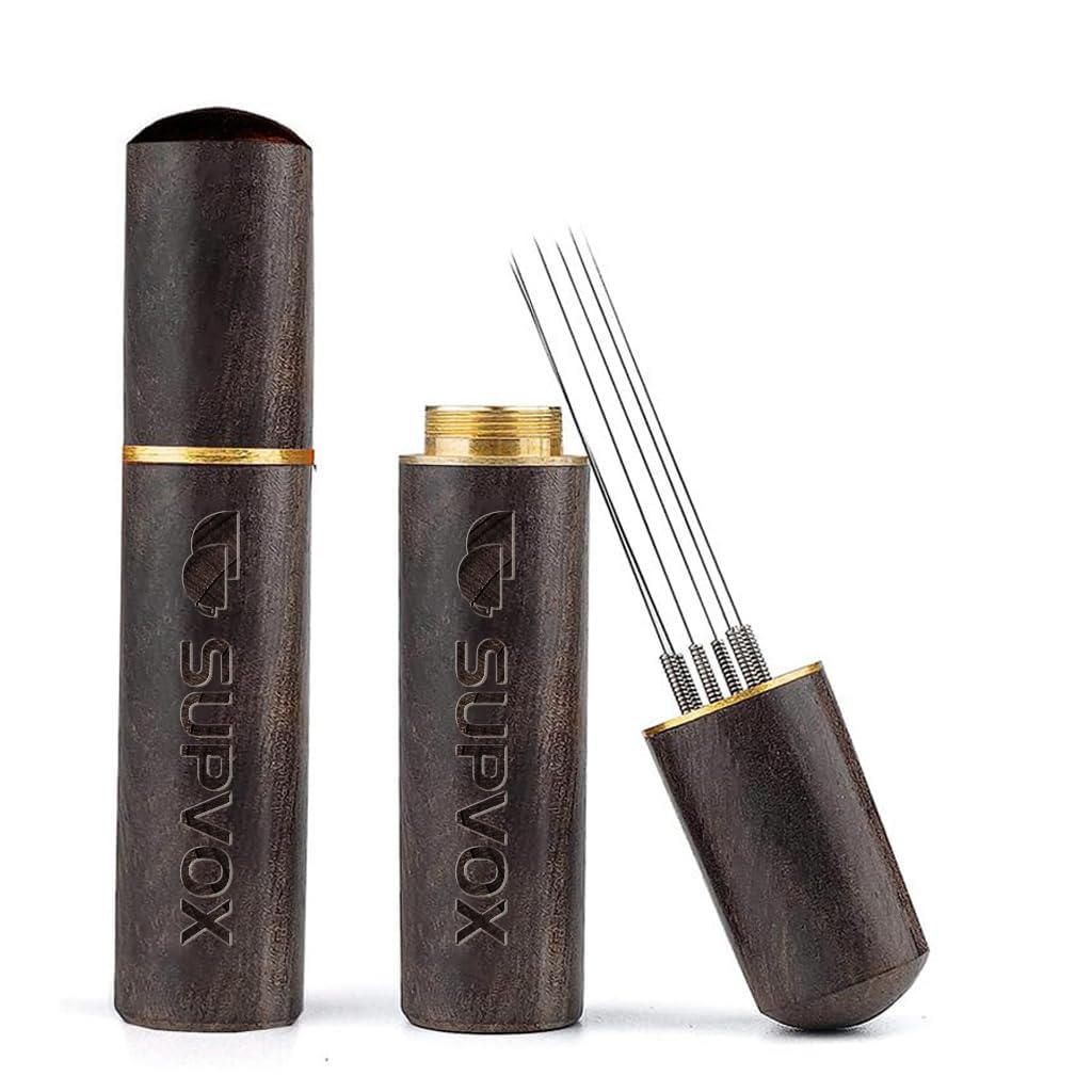 Supvox® Espresso Coffee Stirrer Pin Tamper 6 Needles Ground Coffee Stirrer 0.4mm Fine Pin Tamper for Espresso Coffee Making Natural Ebony Wooden Handle Pin Coffee Tamper