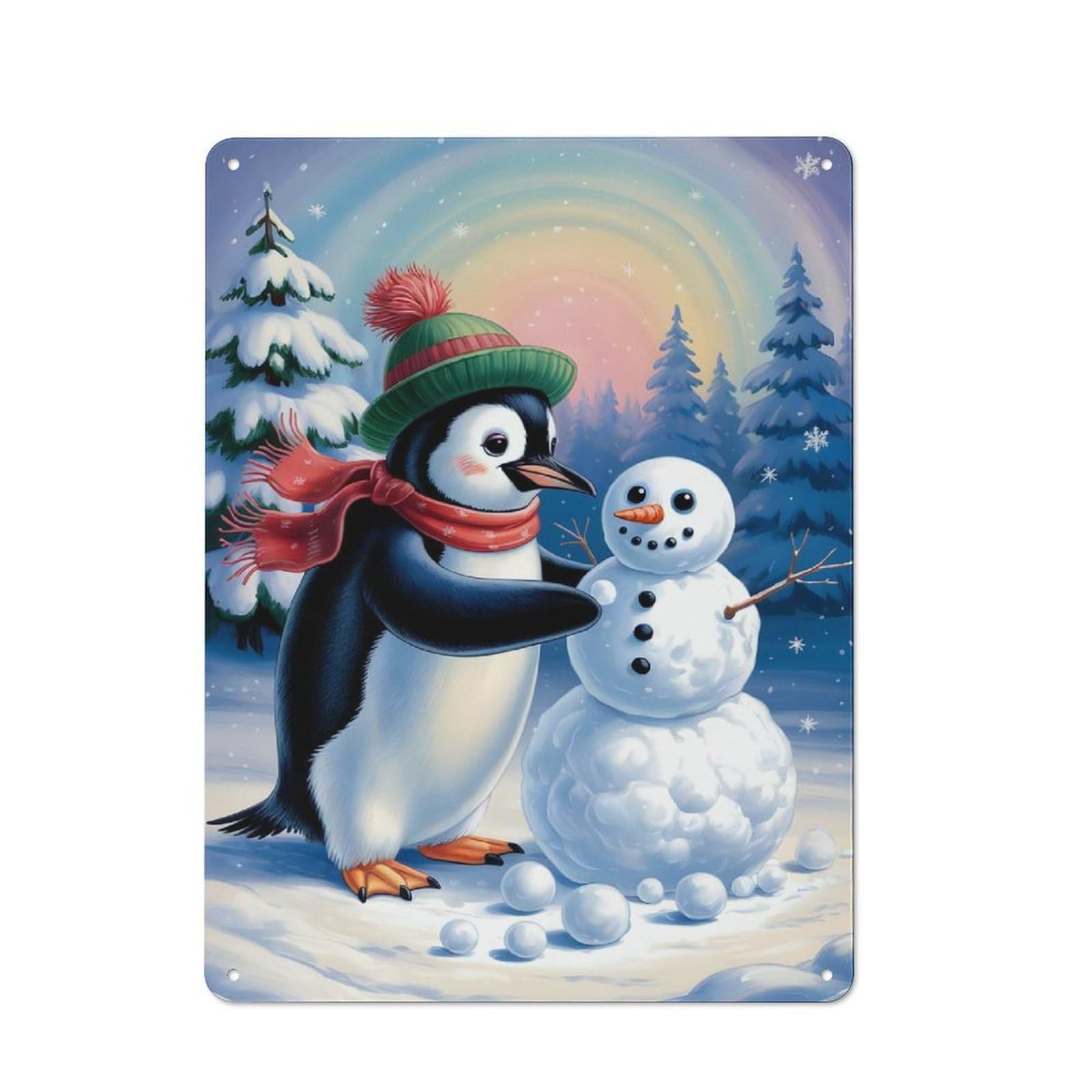 Junmoney Style-16 Tin Wall Plaque 40X30cm With Penguin Building A Snowman In Winter For Garage Wall, For Collectors Of Retro Metal Wall Decor
