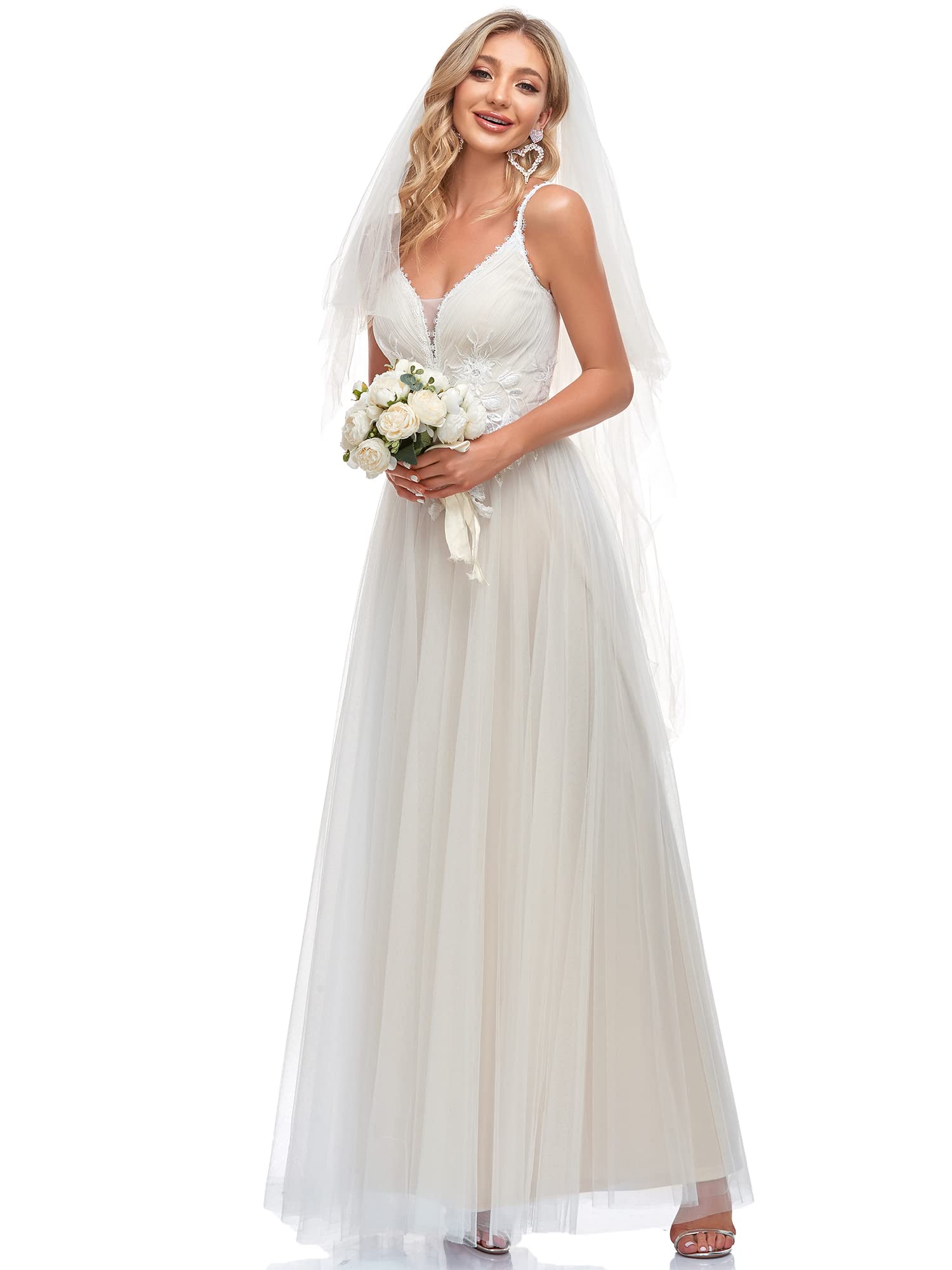 Ever-Pretty Vestito da Sposa da Donna Linea ad A Scollo a V Stile Impero Senza Maniche Tulle Appliques Elegante 0124A