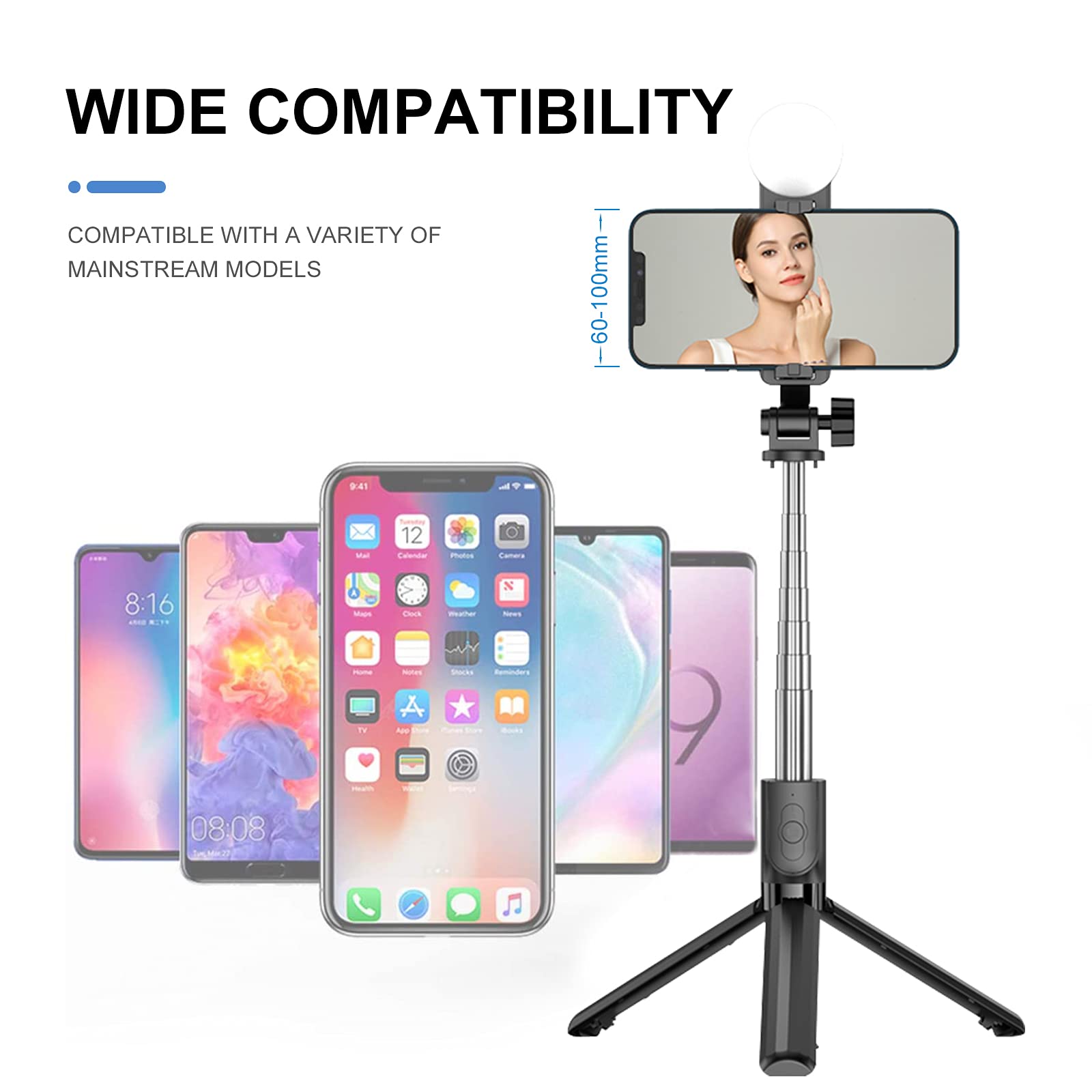 GRIFEMA Palo para selfies GB1003-1, palo para selfies extensible con luz de relleno, soporte Bluetooth inalámbrico desmontable, compatible con iPhone, Sumsung Galaxy, Huawei y más