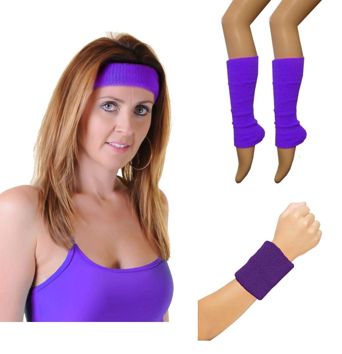 Womens Wristbands Headband And Legwarmers Set Ladies 80s Themed Party Sweatbands Fancy Dress Accessory Purple