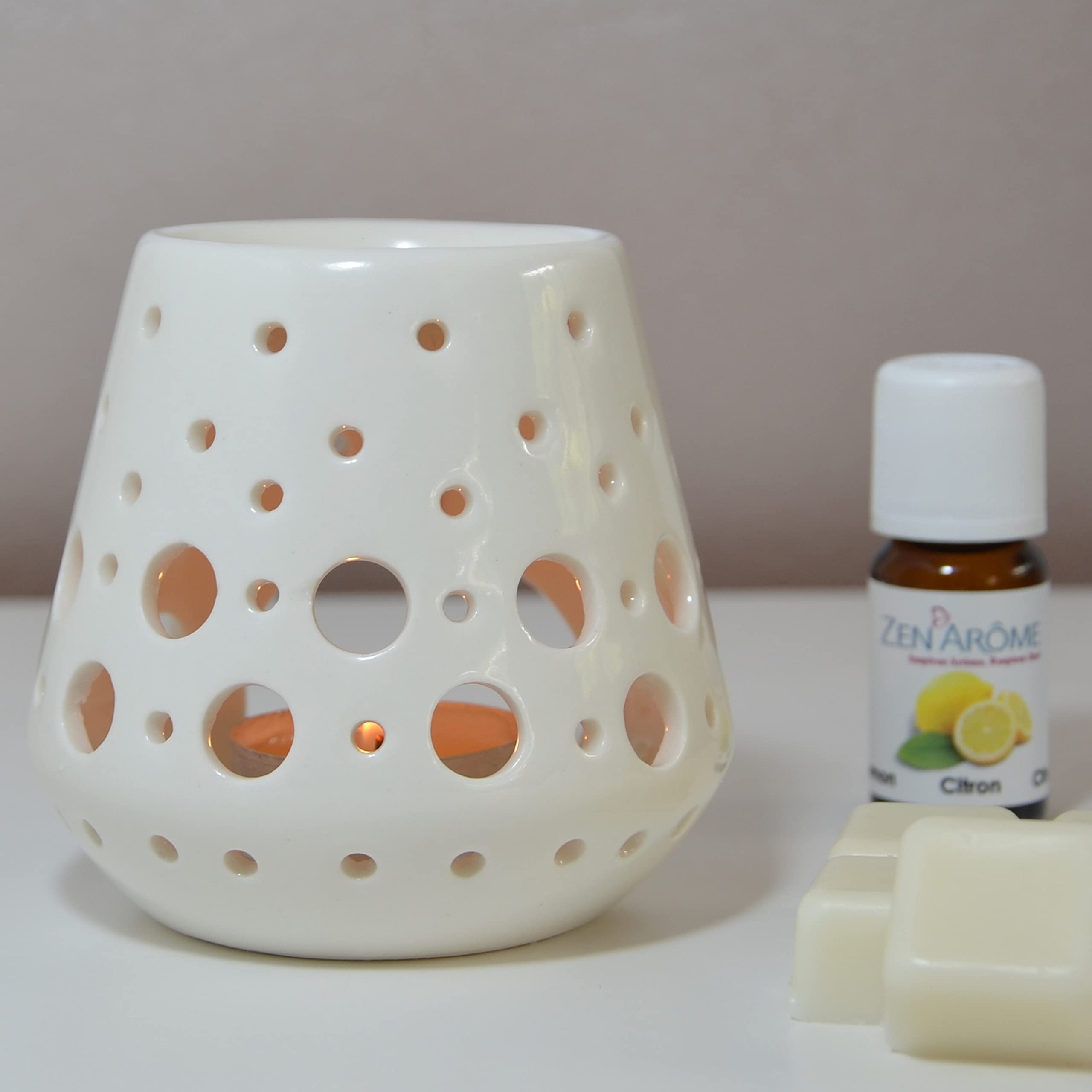 Zen'Arôme - Quemador de Perfume, Cera aromática, difusor para aceites y fragancias, portavelas, aromaterapia, de cerámica con proyección de luz, 9 cm de Alto, Color Blanco