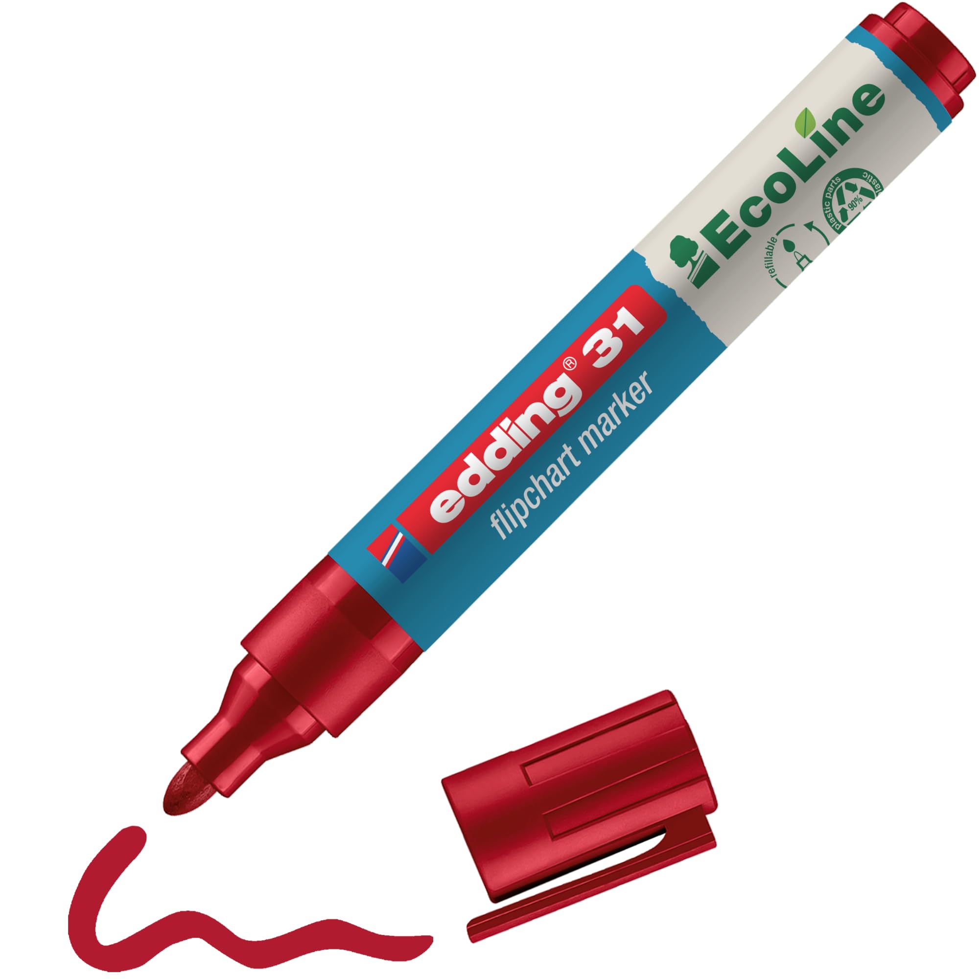 edding 31 EcoLine flipchart kalemi, kırmızı, 1 kalem, yuvarlak uç, yeniden doldurulabilir