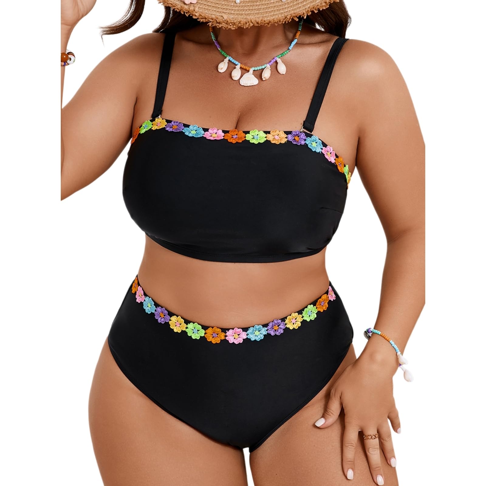 Set Bikini Donna Plus Size Nero Due Pezzi Costume da Bagno Colorato 3D Fiore Trim Bandeau Alta Vita Pancia Controllo per Le Donne Curve-black-1xl