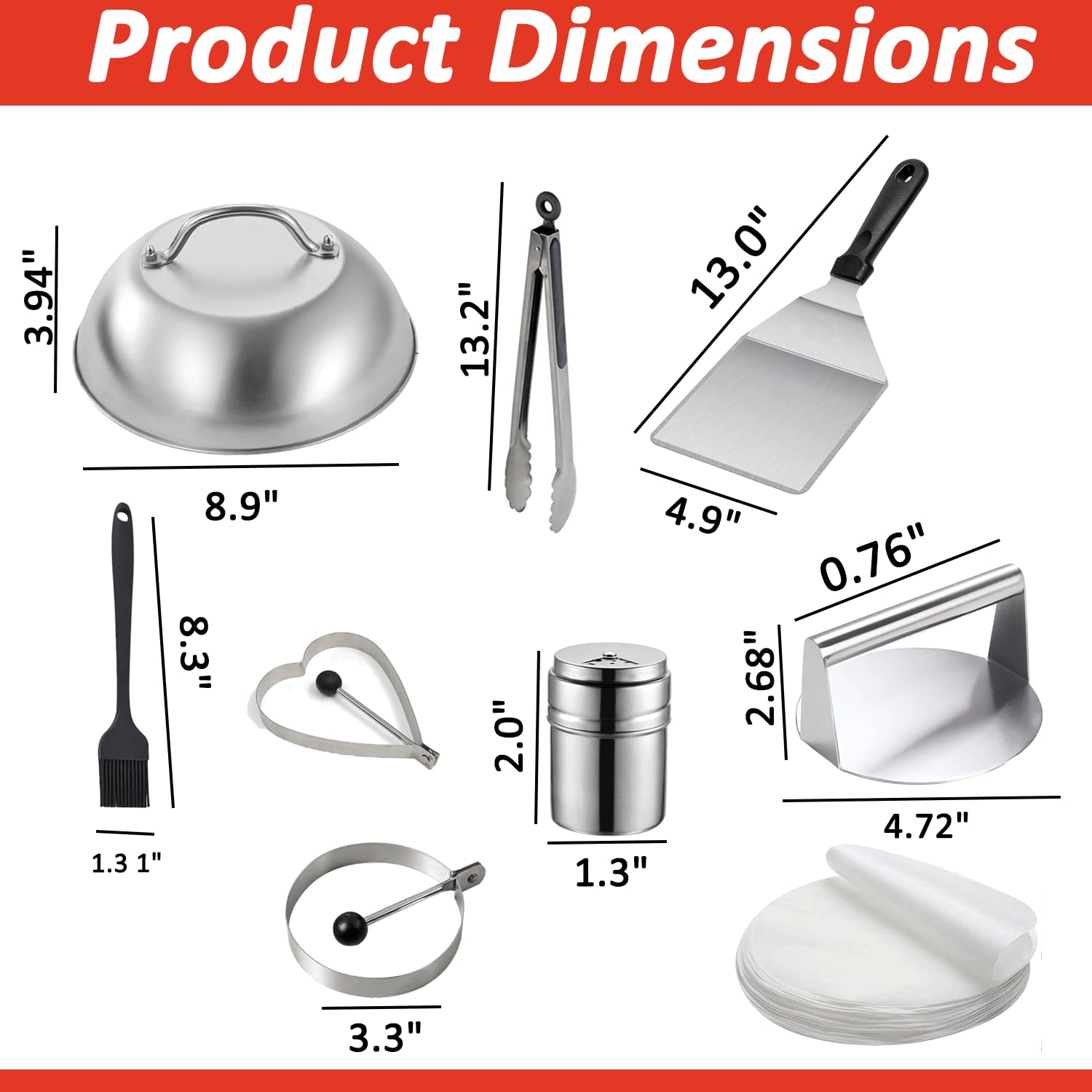 9Pcs Burger Press Kit with Smash Burger Press, Griddle Spatula, Burger Cloche, Egg Rings, Tongs, Brush, Shaker & 50 Wax Discs - Image 2