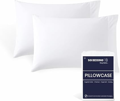 SGI Bedding Standard Size Pillowcases Set of 2, 100% Egyptian Cotton White Pillow Covers, Hotel Quality, Soft Breathable Machine Washable, Shrink & Fade Resistant, Open Closure