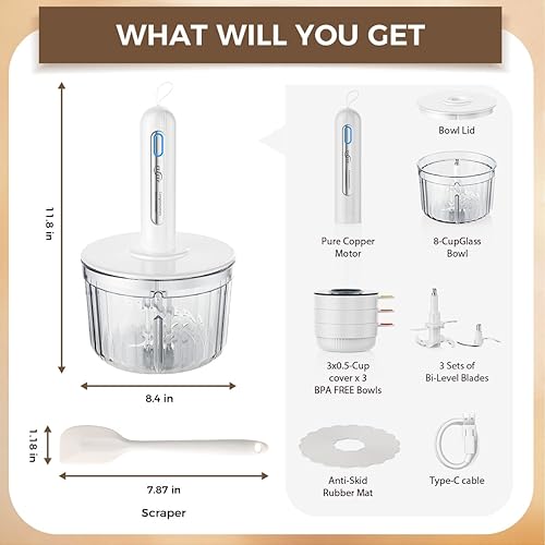 Miniatura 2 de Procesador de alimentos de vidrio con 4 cuchillas y 4 cuencos (8 tazas + 3 x 0.5 tazas), procesador de alimentos pequeño y picador de carne, diseño