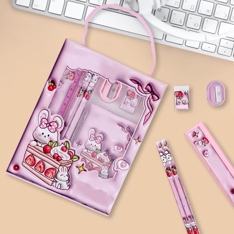 Image of 6-Piece Creative Stationery Set, Complete Set of Learning Supplies, Portable Stationery Gift Box Six in One, Suitable for Birthday Gifts, Daily Writing, Artistic Handicraft Use(Rabbit Set-Pink)