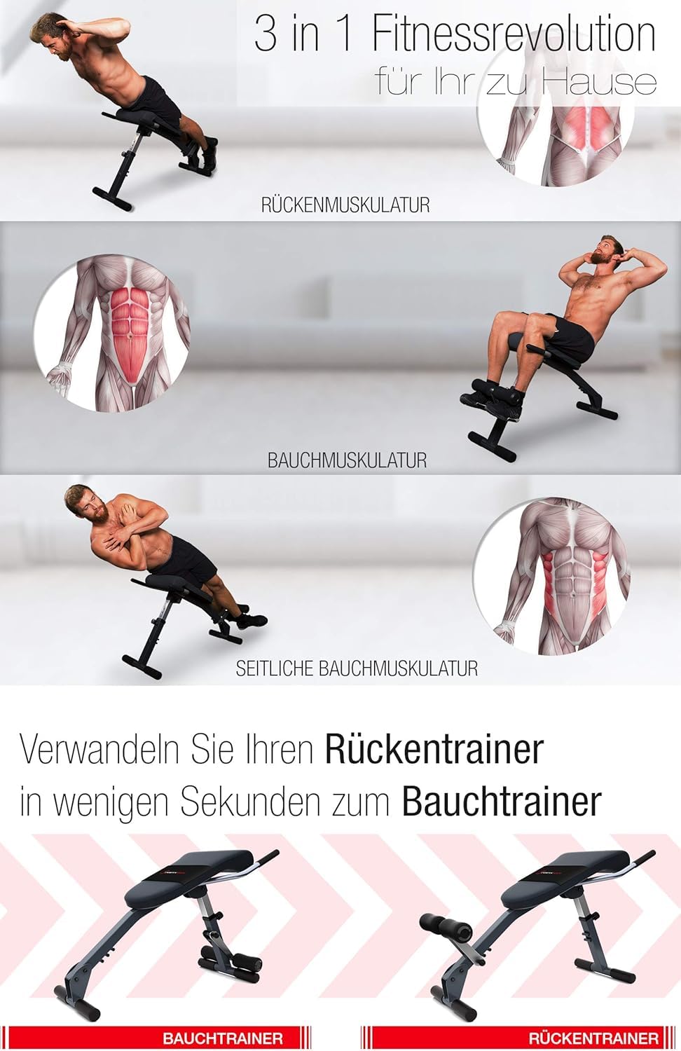 Sportstech Klappbare & verstellbare 3in1 Hantelbank für Zuhause – Bauchtrainer, Rückentrainer & Beincurler | Optimal für ein effizientes und effektives Home Gym Workout bis 130kg | BRT200