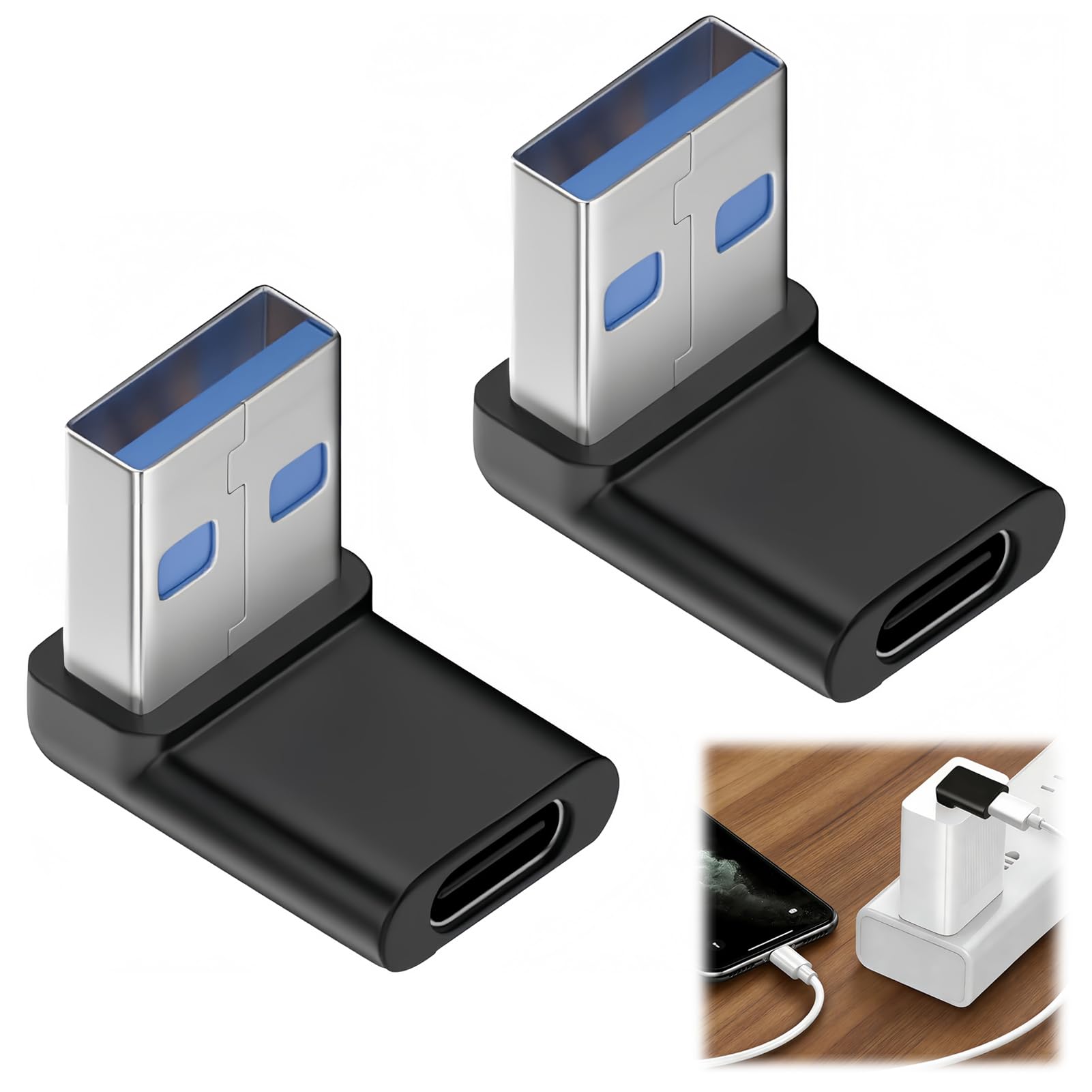 2 adaptery USB C na USB 3.0, adapter USB 90 stopni, wtyczka kątowa US-B 90 stopni, kątowa wtyczka kątowa US B do OTG, ładowania i przesyłania danych, kompatybilne ze smartfonami, laptopami