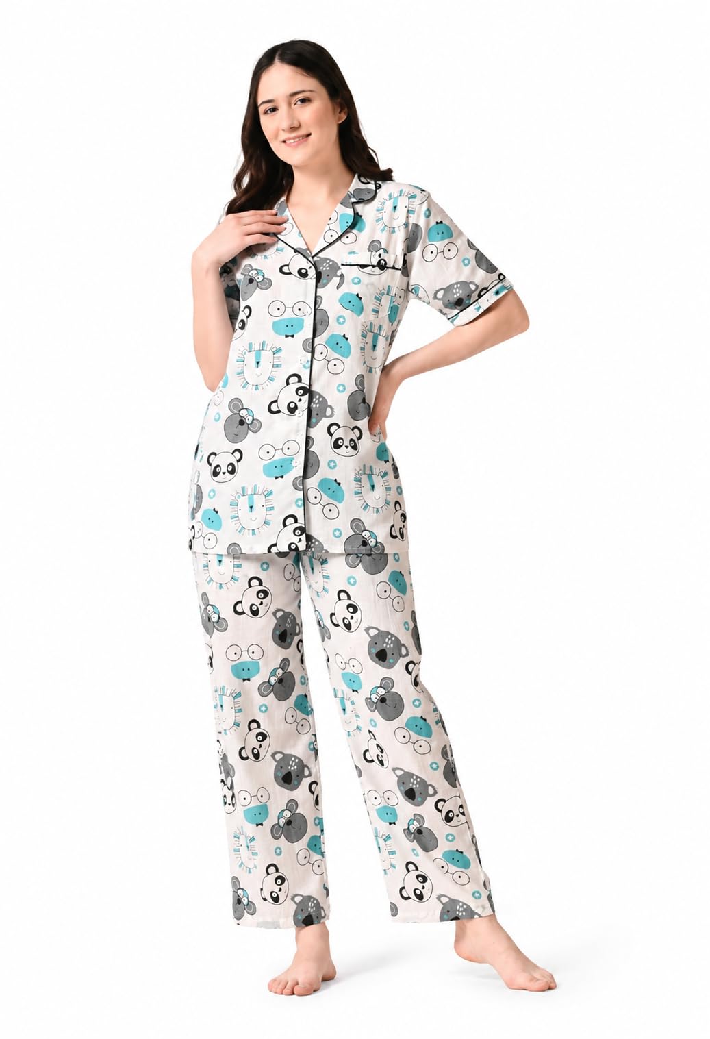 ao services Women's Cotton Nightsuit Set| Half Sleeve Notch Collar Shirt & Full Pant | Cartoon Animal Print Nightwear | Soft Comfortable Loungewear | Gift for Girls Ladies | Summer Sleepwear-picture-13