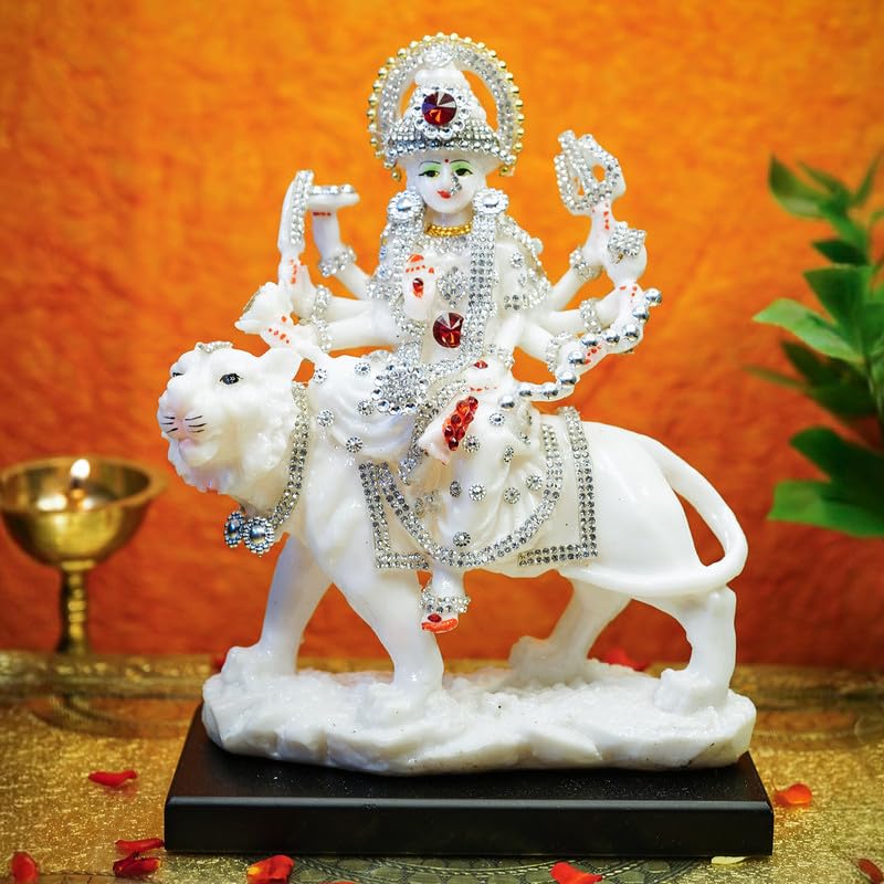 Ekhasa Aura Series Marble Dust Durga Maa Idol (8 inch, Medium Size) | Gemstone Zircon Studded Durga MATA Murti for Home Decor, Puja | Resin MATA Rani Murti | Maa Durga Murti