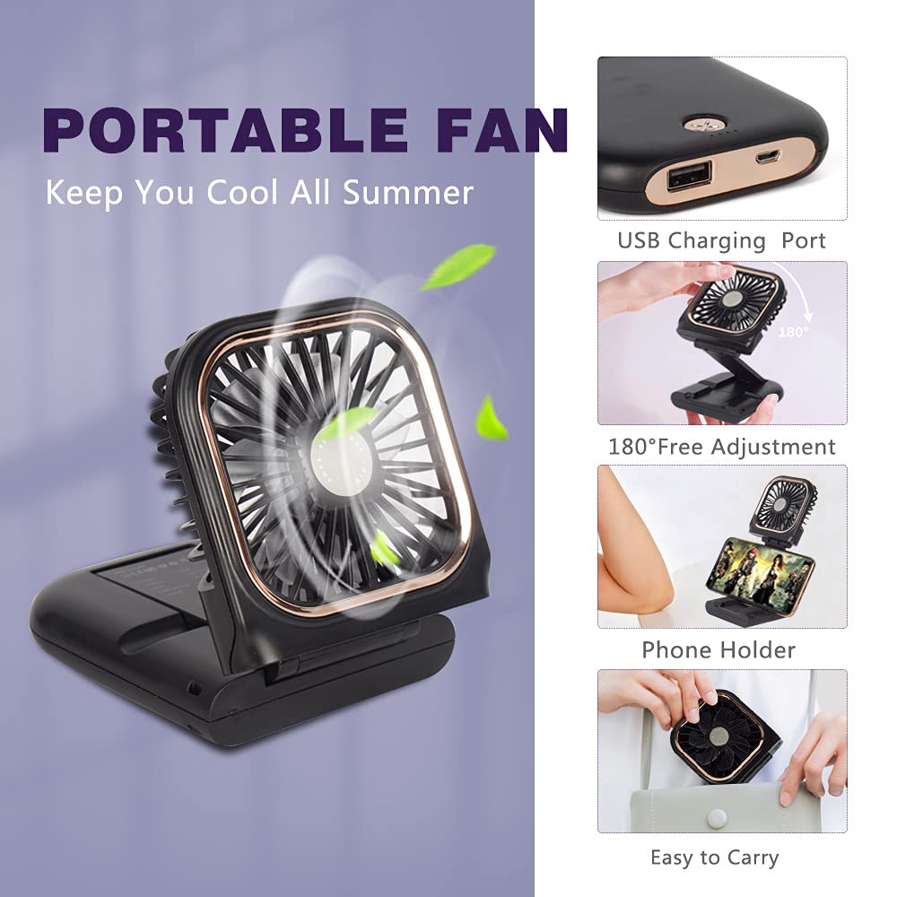 Mini ventilador portátil 5 en 1 con cargador de batería, soporte para teléfono, ventilador de mano y de escritorio, recargable por USB, banco de energía de 3000 mAh, 3 velocidades ajustables, cordón 2