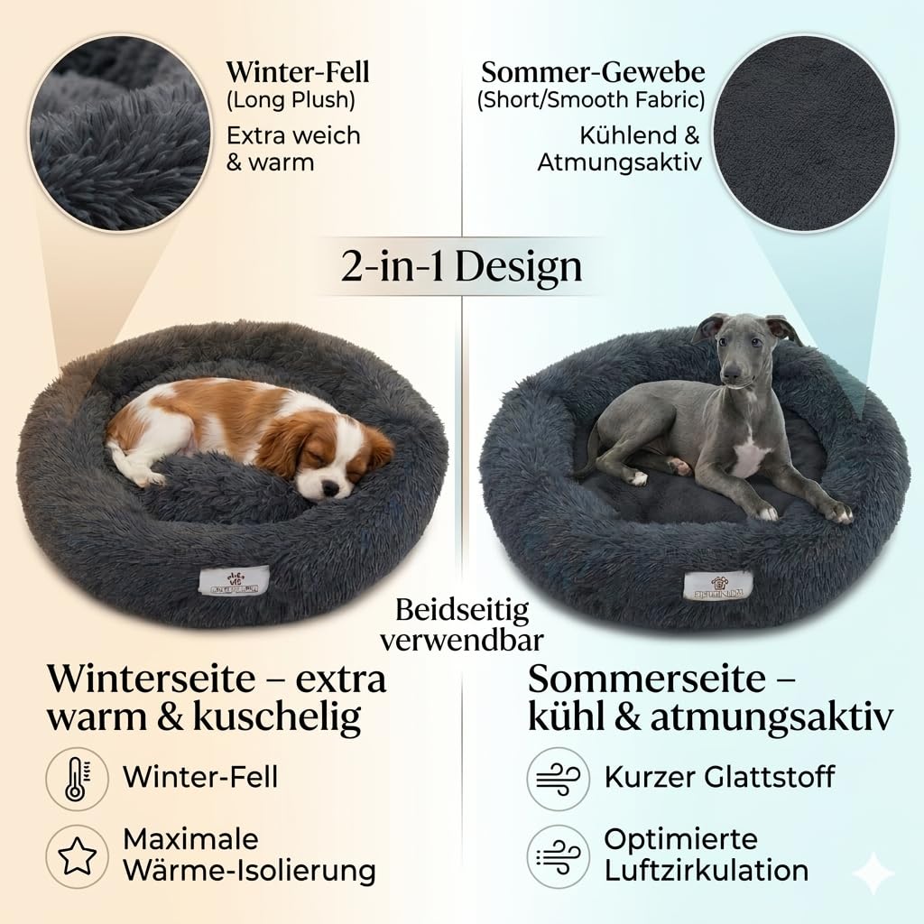 pfoten&nasen® Wolke 7 Hundebett L (85cm, Braun/Weiß) – Flauschiges Donut-Hundekörbchen für mittelgroße Hunde, rundes Hundekissen mit Wendekissen, Abnehmbarer Bezug, waschbar, rutschhemmend