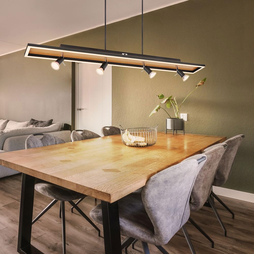 Hängelampe Esstisch Pendelleuchte schwarz Wohnzimmerlampe dimmbar, LED Hängeleuchte 4-flammig Holzoptik Spots schwenkbar, 4x GU10, LxBxH 116x12x120cm
