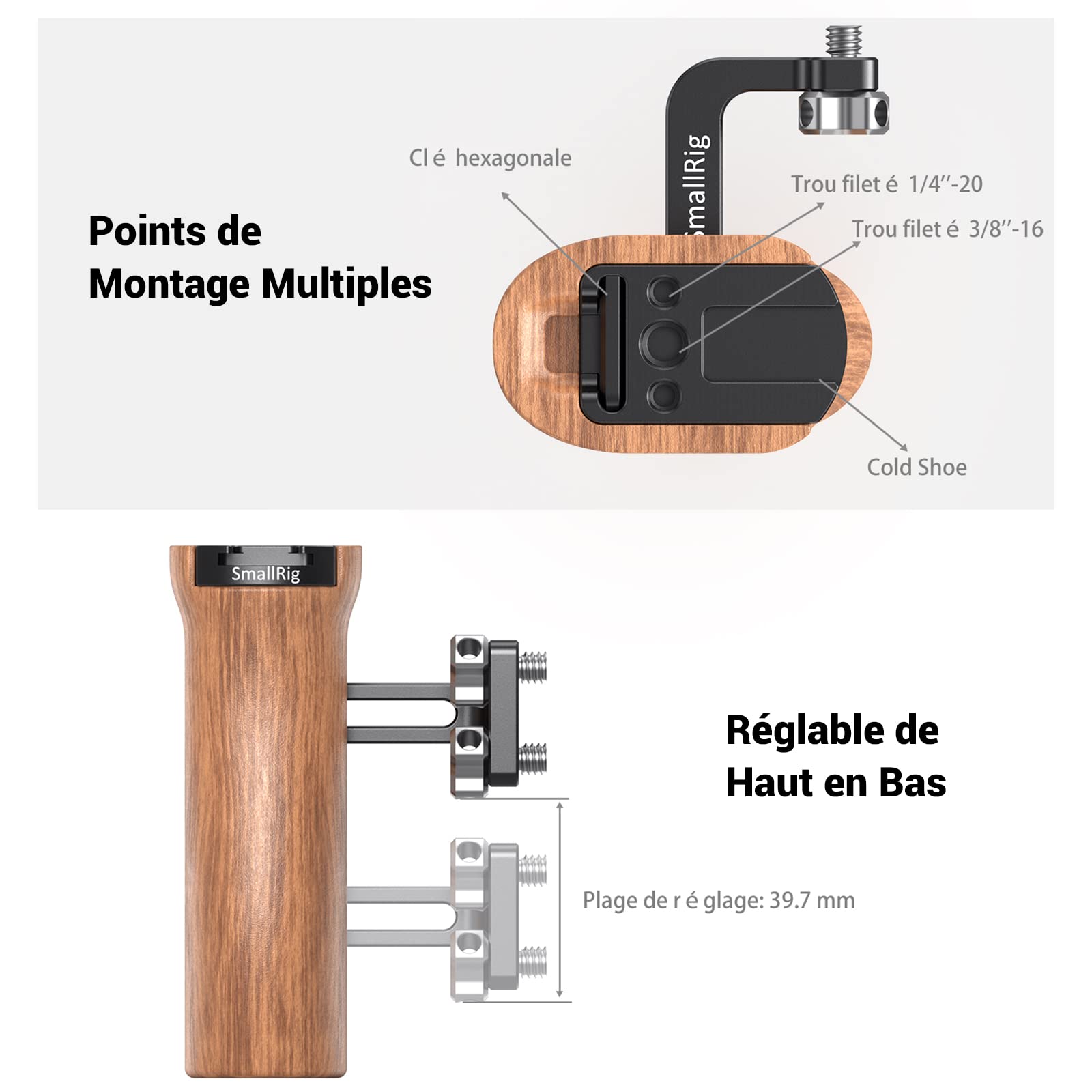 SMALLRIG Poignée en Bois avec Fixation Cold Shoe, Poignée Latérale Ajustable pour Camera DSLR Cage - 2093C