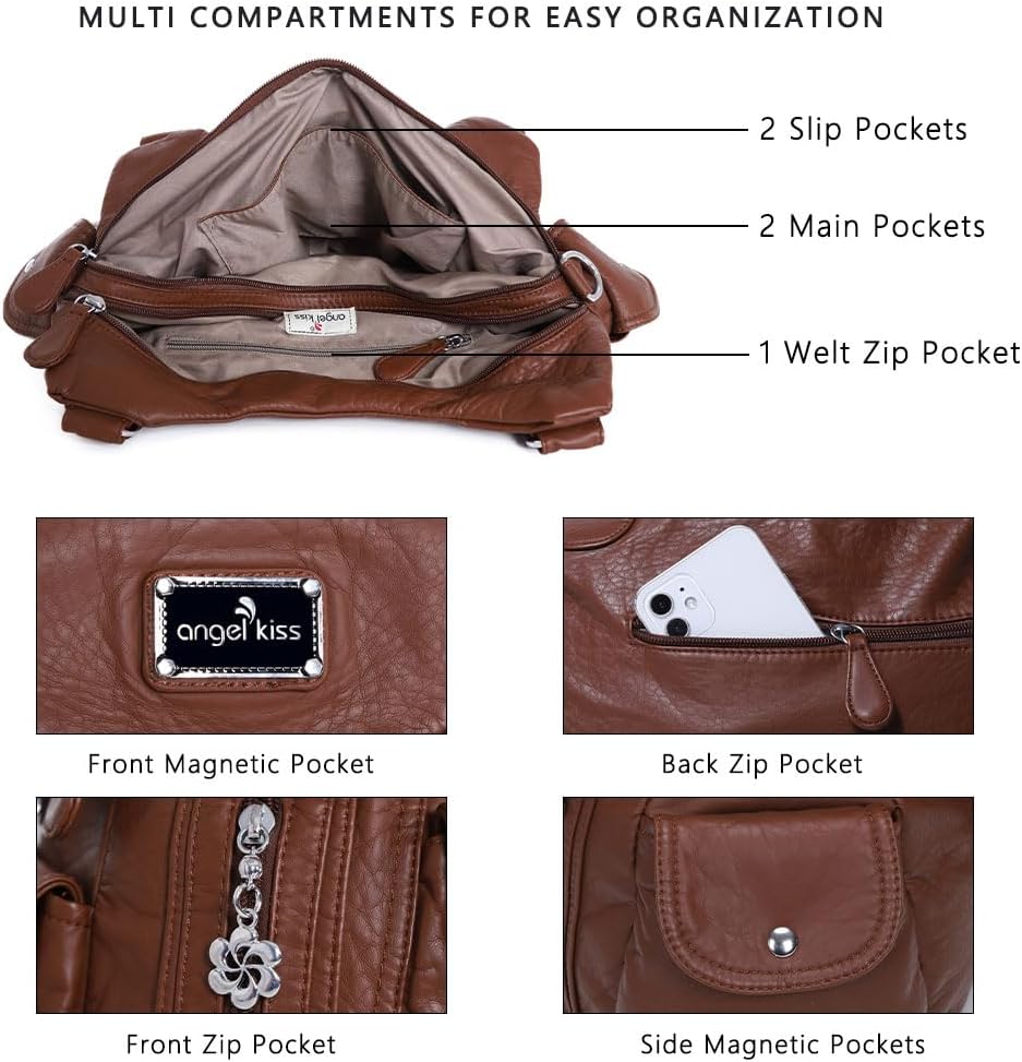 Angel Kiss Purses for Women, Large Shoulder Bag Hobo Tote Purse Mutipocket Faux Leather Satchel Hobo Purse - Image 5