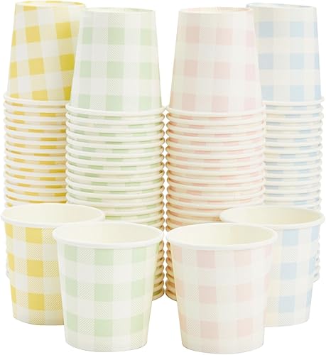 Miniatura 7 de Sparkle and Bash Paquete de 100 mini vasos de papel desechables para expreso, enjuague bucal, café (4 onzas, 4 diseños de guingham)