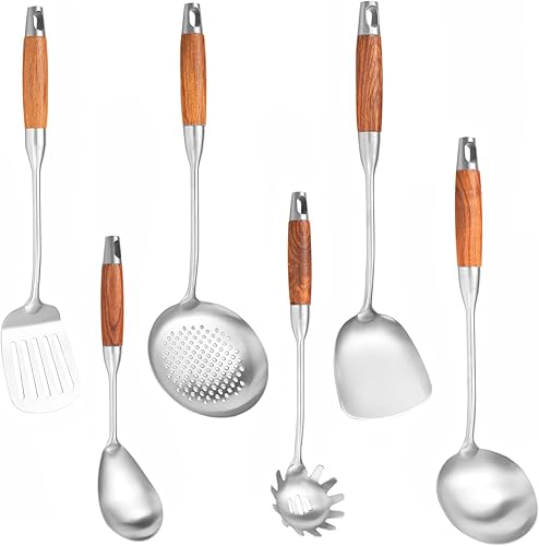 Miniatura 8 de Juego de utensilios de cocina de acero inoxidable 1810 con mango de madera, juego de 6 utensilios de cocina profesional de 15 pulgadas, espátula
