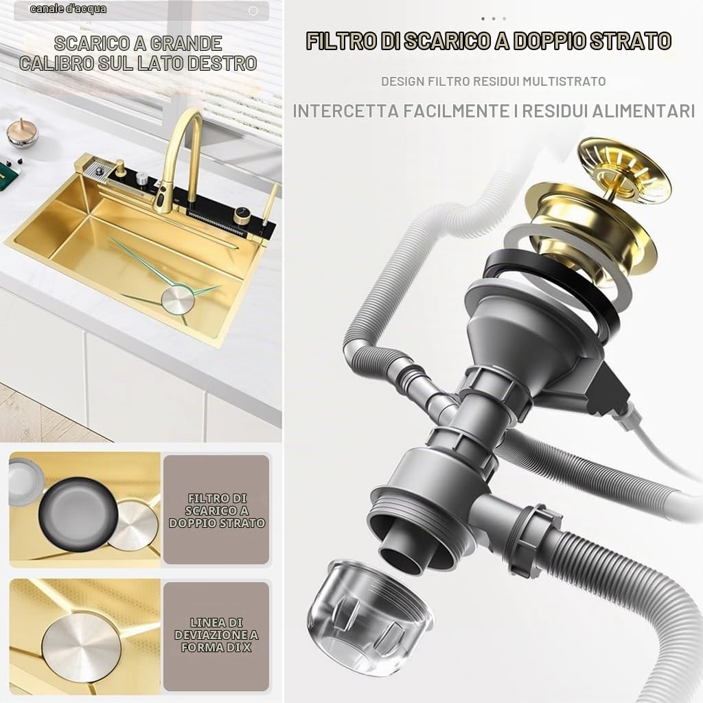 Lavello Cucina Con Cascata 80 x 45 cm,Lavello Cucina 1 Vasca In Acciaio Inox,Lavello Oro Multifunzione Cucina,Con Rubinetto Estraibile,Sifone,Dispenser Sapone,Lavello Mobile e Tagliere