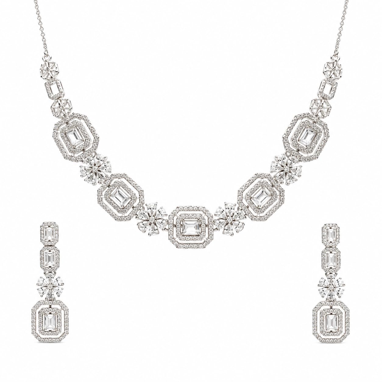 Silver-Tone CZ Necklace and Earrings Jewellery Set-image-21