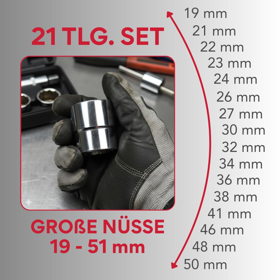 Steckschlüsselsatz 3/4" 21-tlg 19–50 mm 12-kant CrV-Stahl Im Koffer | Profi Ratschenkasten Knarrenkasten Vielzahn Nüsse Stecknuss Set