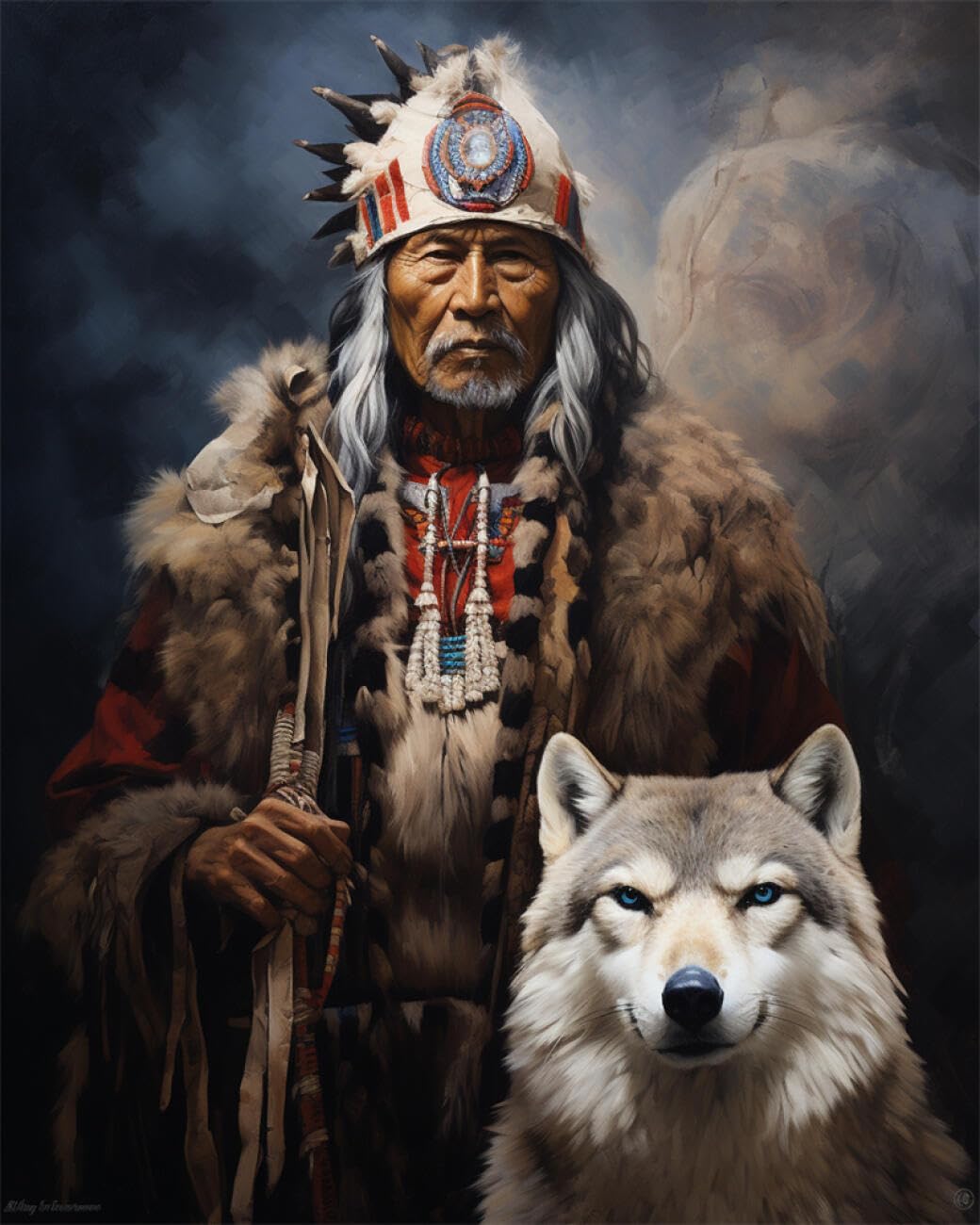 RKFLGEW Animal 14CT Stamped Cross Stitch Kits The Old Man and The Wolf DIY Embroidery for Adults Beginner Needlework Kit with Patterns Needlepoint Art 40x50cm