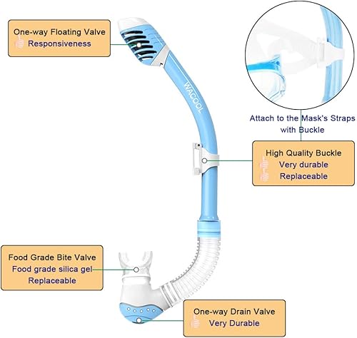 Miniatura 5 de WACOOL Snorkel, buceo, buceo, paquete de equipo para niños y jóvenes, vidrio recubierto antivaho con válvula de purga de silicona y antisalpicaduras