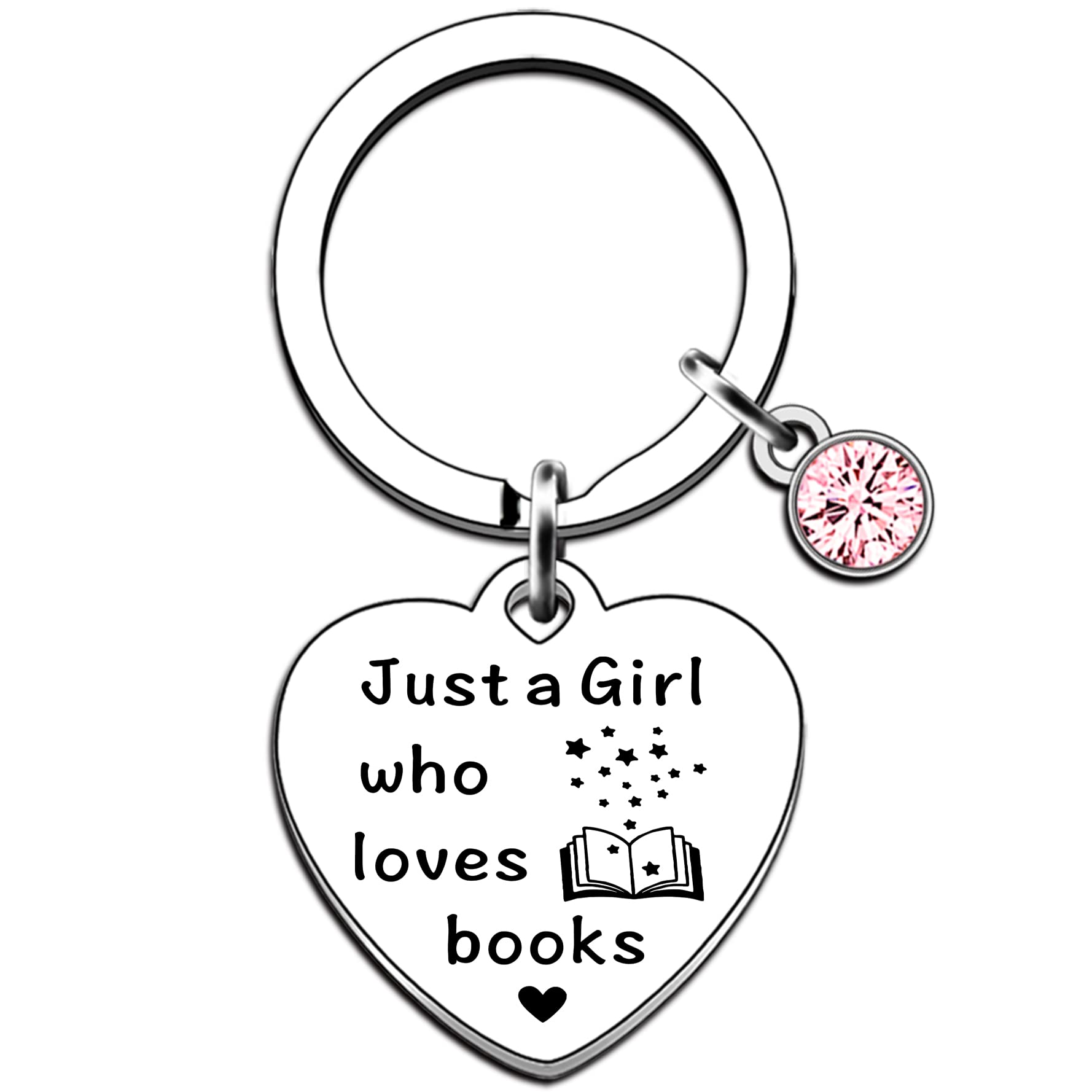 Stainless steel book-shaped keyring with pink crystals and engraved quote