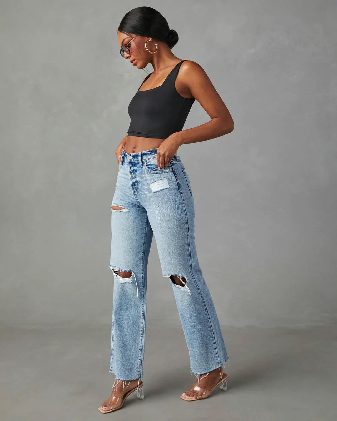 Jeans Donna Strappati alla Caviglia con Dritta Alta-Blu-l