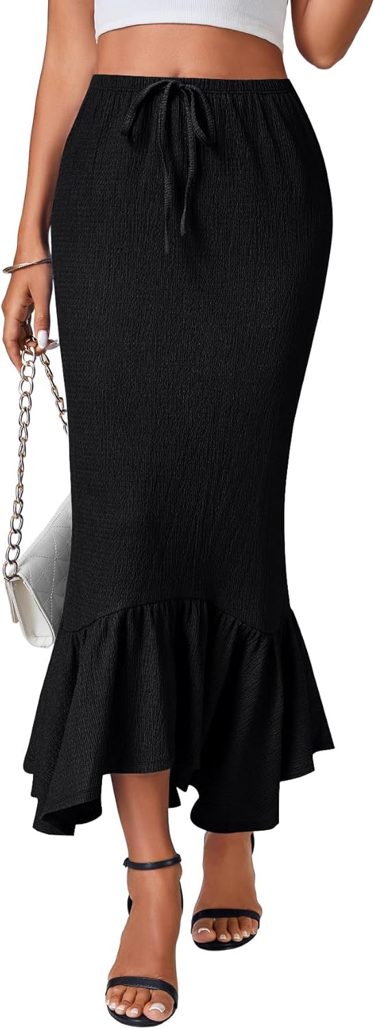 Rooscier Women's Mermaid Skirt Drawstring High Waist Ruffle Elegant Maxi Skirts - Image 3