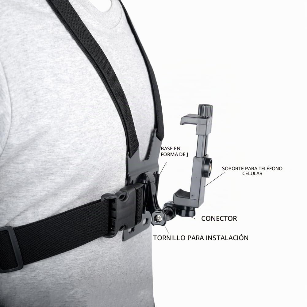 Arnés de Pecho Soporte de Pecho, Soporte Movil Pecho Ajustable, Soporte de Pecho de Teléfono Móvil para Cámara de Acción de Gopro y Teléfonos + Trípode Portátil