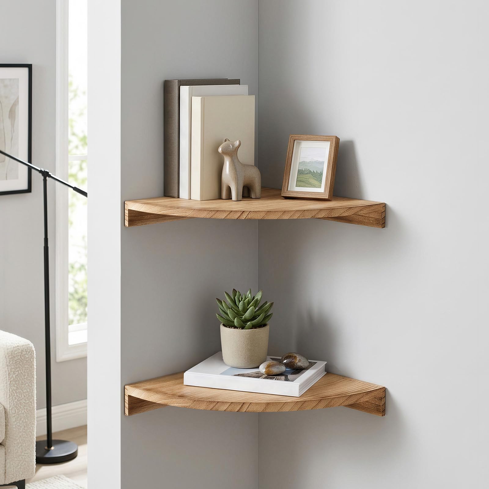 Wooden Corner Shelf Wall Mounted Set of 3 Corner Floating Shelves with Cord Hole Farmhouse Solid Pine Wood Shelf Organizer Hanging Storage for Living Room Kitchen Bedroom Laundry Office (2 Pcs)