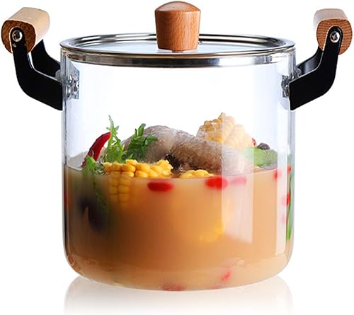 Cacerola de vidrio resistente al calor, ollas transparentes para cocinar vidrio borosilicato resistente al calor, olla de cocina de madera con doble
