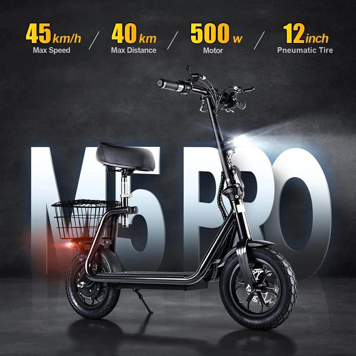 Bogist M5 Pro Electric Scooter highlighting its key specifications: 45 km/h max speed, 40 km max distance, 500W motor, and 12-inch pneumatic tire.