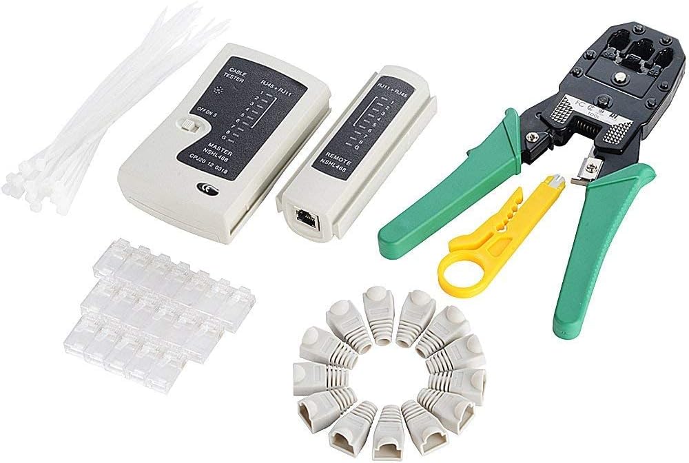 Network Tool Kit 6 in 1 - CAT5 CAT6 Tool Kit, Ethernet Crimper +Cable Tester +50 RJ45 CAT5 CAT6 Connector +Wire Stripper +20 RJ45 Connector Boots Cover +20 Nylon Cable Ties