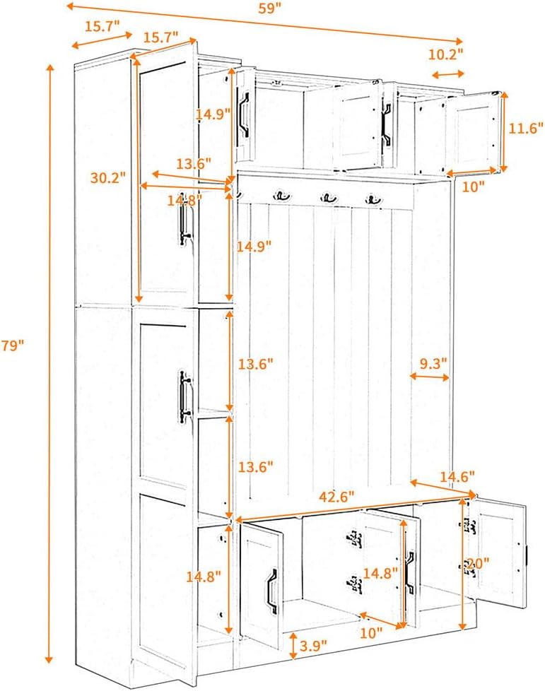 Entryway Hall Tree with Bench, Coat Rack & Storage Cabinets, Modern Hallway Organizer with 4 Hooks, Adjustable Shelves, and Shoe Storage, Wood Mudroom Furniture, 59''W × 15.7''D × 79''H,Black